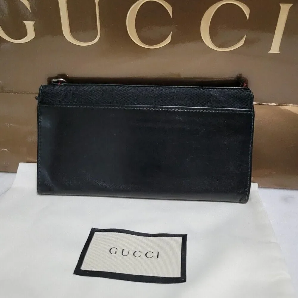 GUCCI GG Monogram Logo Black Leather Long Bifold Wallet 130590496334